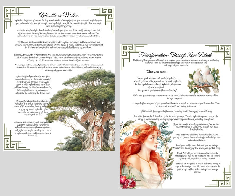 May include: Aphrodite, the Greek goddess of love, is depicted as a mother figure with doves and a pomegranate. The text describes a ritual for transformation through love, using flowers, candles, and crystals.