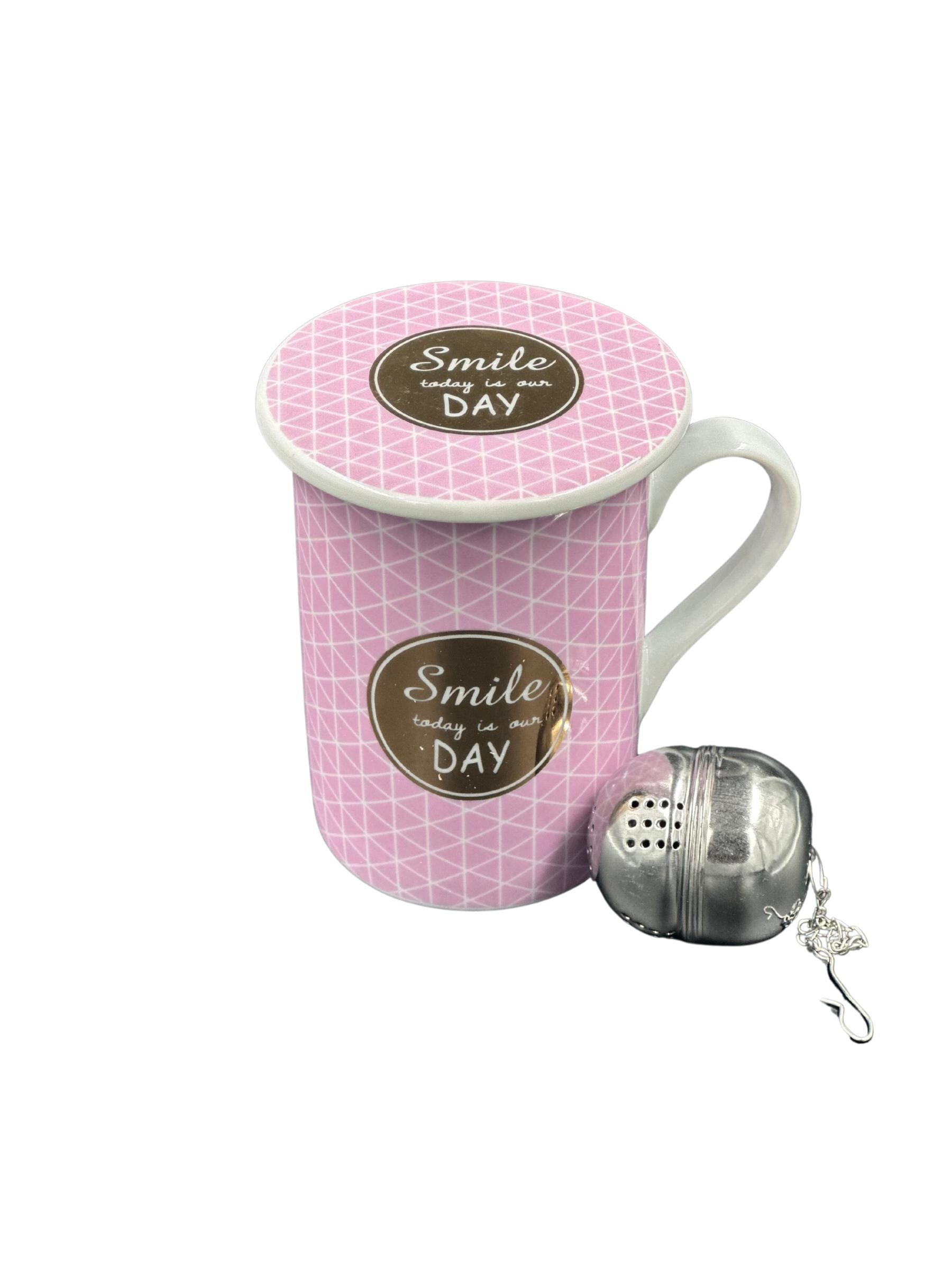 Cup Pink with Lid and Tea Infuser Teacup + Gift