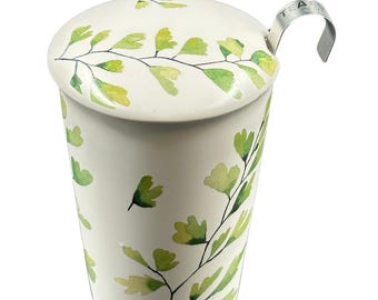 Double-walled thermal mug, 350ml capacity, Gingko design, with stainless steel sieve and porcelain lid