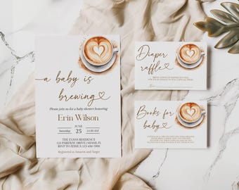 A Baby Is Brewing Baby Shower Invitation Set, Coffee Latte Theme (Digital Download), BA6