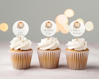 A Baby Is Brewing Baby Shower Cupcake Toppers, Latte Coffee Theme, (Digital Download), BA6