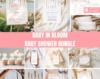 Pink Floral Baby Shower Invitation Bundle, Baby In Bloom, (Digital Download), BA4