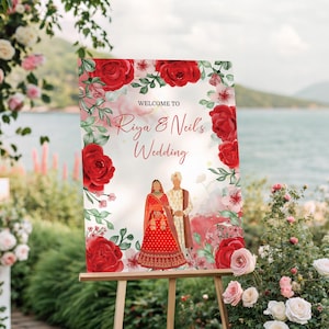 Red Floral Indian Wedding Welcome Sign, Hindu Wedding Sign, Desi Wedding Decor, Hindu Wedding Ceremony Welcome Sign, Wedding Welcome Sign