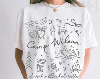 Camp Bach custom bachelorette party comfort colors shirt for matching with doodle collage style