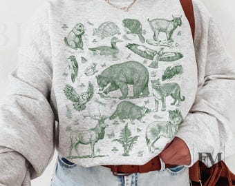 Wildlife sweatshirt North American forest animals, Pacific Northwest vintage style nature sweater for granola girl gift for nature lover