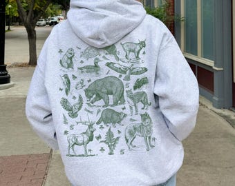 Wildlife Collage Hoodie or Crewneck Sweatshirt, Pacific Northwest vintage style nature sweatshirt with front and back prints