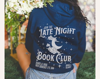 Late night readers book club gift reading sweatshirt or hoodie for night owl reader book reader girl merch retro literary bookworm gift