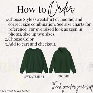 May include: How to order a sweatshirt or hoodie. Choose your style and size. The image shows a green sweatshirt and a green hoodie. The text "Thank you for your support!" is at the bottom of the image.
