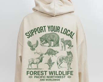 Moletom com capuz em apoio à vida selvagem local, estilo vintage do Noroeste do Pacífico, com estampas na frente e nas costas para garotas que amam natureza e estilo granola.
