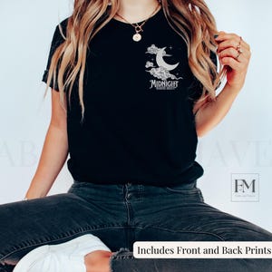 May include: Black t-shirt with a white graphic of a crescent moon in clouds and the text "Midnight Readers Society".