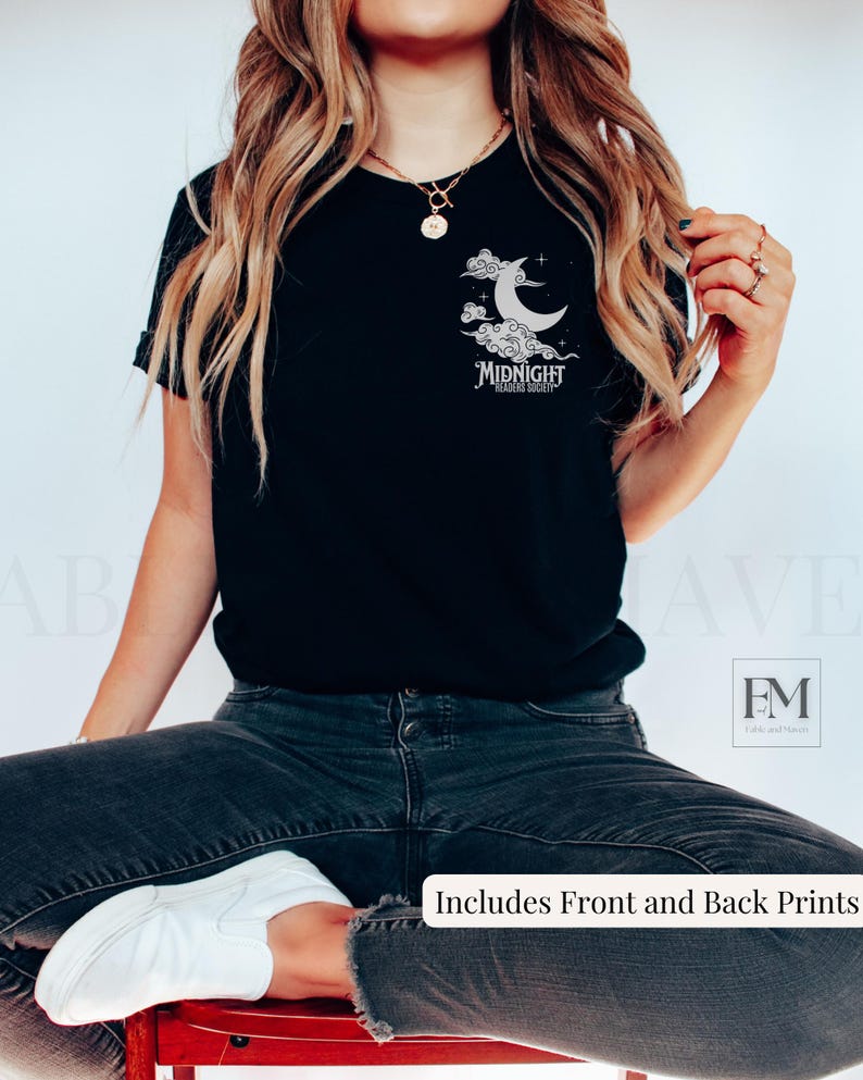 May include: Black t-shirt with a white graphic of a crescent moon in clouds and the text "Midnight Readers Society".