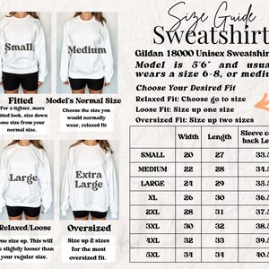 Puede incluir: Gu&iacute;a de tallas para una sudadera unisex Gildan 18000. La tabla muestra los diferentes tama&ntilde;os con las medidas correspondientes de ancho, largo y largo de la manga central posterior en pulgadas. La modelo mide 1,68 m y suele usar una talla 6-8, o mediana. La tabla tambi&eacute;n incluye descripciones para los ajustes ajustados, el tama&ntilde;o normal del modelo, el ajuste relajado/suelto y el ajuste de gran tama&ntilde;o.