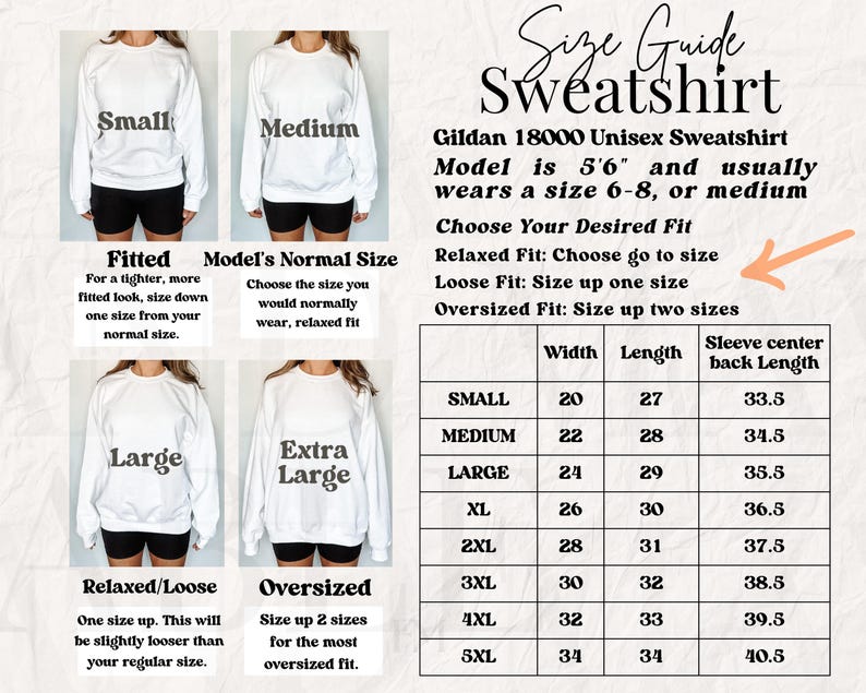 Puede incluir: Gu&iacute;a de tallas para una sudadera unisex Gildan 18000. La tabla muestra los diferentes tama&ntilde;os con las medidas correspondientes de ancho, largo y largo de la manga central posterior en pulgadas. La modelo mide 1,68 m y suele usar una talla 6-8, o mediana. La tabla tambi&eacute;n incluye descripciones para los ajustes ajustados, el tama&ntilde;o normal del modelo, el ajuste relajado/suelto y el ajuste de gran tama&ntilde;o.