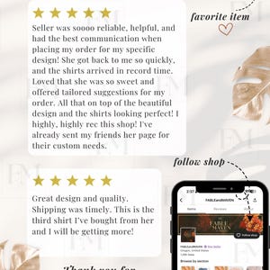 May include: A digital graphic displaying two five-star customer reviews for the shop FABLEandMAVEN. The text includes testimonials praising the seller's communication and product quality. A smartphone screenshot shows the shop's profile page.