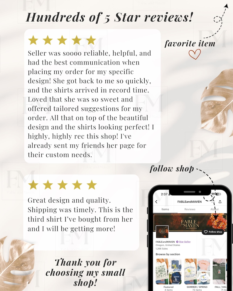 May include: A digital graphic displaying two five-star customer reviews for the shop FABLEandMAVEN. The text includes testimonials praising the seller's communication and product quality. A smartphone screenshot shows the shop's profile page.