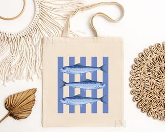 Fisherman Aesthetic Sardines tote bag tinned fish cotton canvas coastal fishing beach vacation summer retro reusable farmers market bag