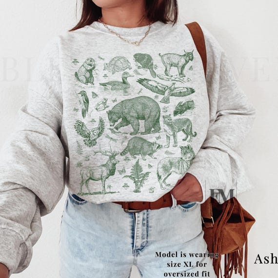 Wildlife sweatshirt North American forest animals, Pacific Northwest vintage style nature sweater for granola girl gift for nature lover