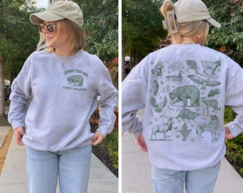 Moletom ou blusa de moletom com capuz em estilo vintage do Noroeste do Pacífico, com estampas da natureza na frente e nas costas, para garotas que amam granola e a natureza.