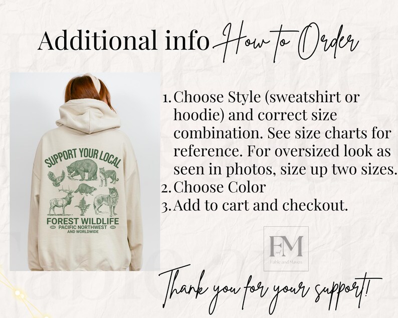 Puede incluir: Una sudadera beige con un estampado gr&aacute;fico verde que dice "Support Your Local Forest Wildlife" con im&aacute;genes de animales. El texto tambi&eacute;n dice "Pacific Northwest and Worldwide".