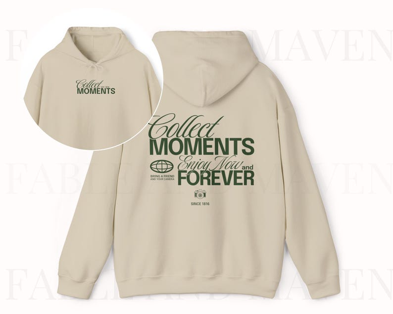 May include: A beige hooded sweatshirt with a green graphic print that says "Collect Moments Enjoy Now and Forever" and "Since 1916".