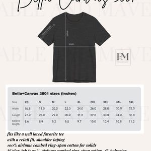 May include: A size chart for Bella+Canvas 3001 t-shirts, showing measurements in inches for width, length, and sleeve length for sizes XS to 5XL. The chart includes information about the fabric composition, which is 100% airlume combed ring-spun cotton for solids and 99% airlume combed ring-spun cotton, 1% polyester for Ash.