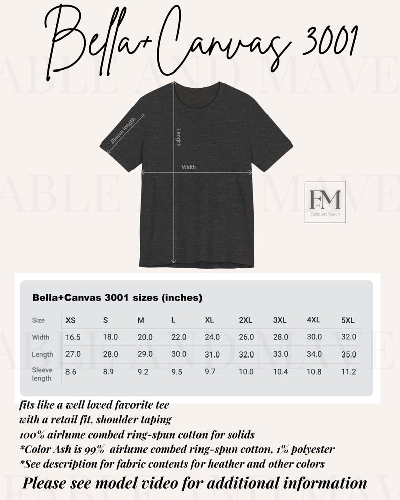 May include: A size chart for Bella+Canvas 3001 t-shirts, showing measurements in inches for width, length, and sleeve length for sizes XS to 5XL. The chart includes information about the fabric composition, which is 100% airlume combed ring-spun cotton for solids and 99% airlume combed ring-spun cotton, 1% polyester for Ash.