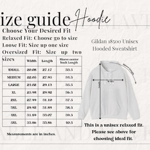 May include: Size guide for a Gildan 18500 unisex hooded sweatshirt. The chart shows measurements in inches for width, length, and sleeve center back length for sizes small through 5XL. A white hooded sweatshirt is shown with measurements labeled.