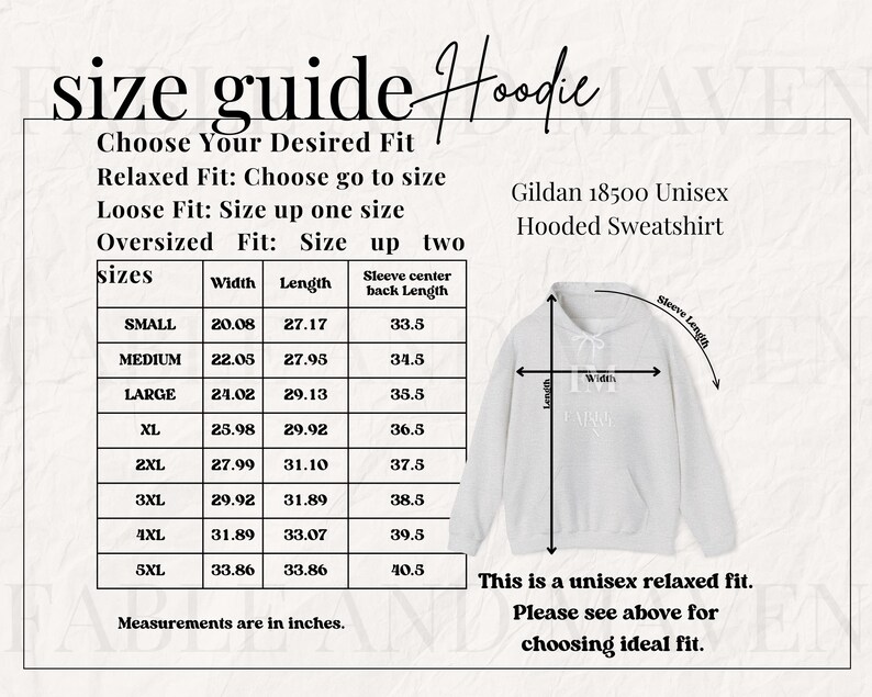 May include: Size guide for a Gildan 18500 unisex hooded sweatshirt. The chart shows measurements in inches for width, length, and sleeve center back length for sizes small through 5XL. A white hooded sweatshirt is shown with measurements labeled.