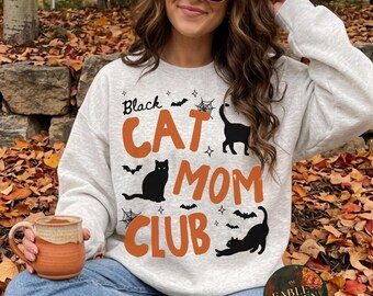 Black Cat Mom Club Sweatshirt, Halloween Cats, Spooky Fall Graphic, Orange and Black Cat Lover Design