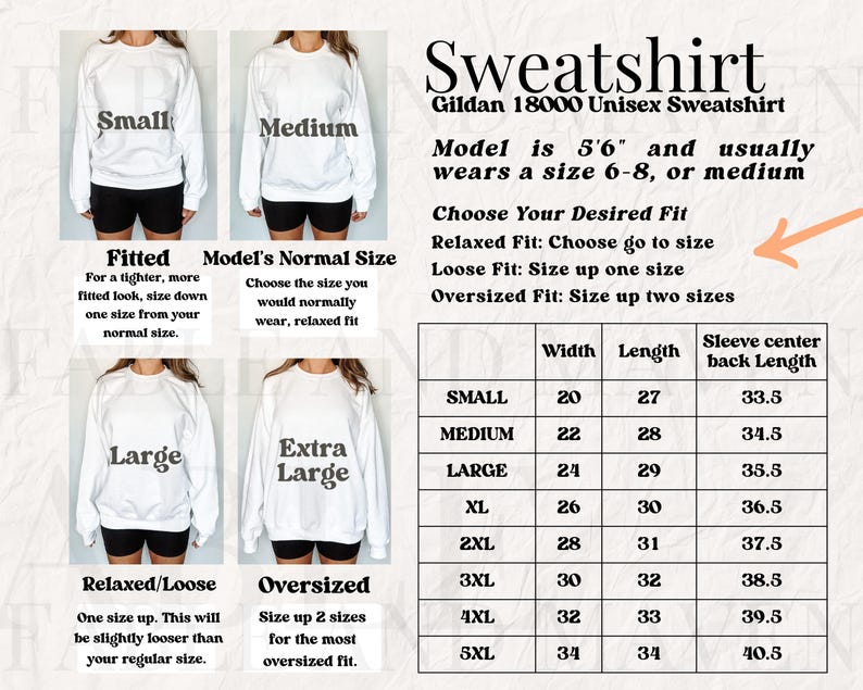 May include: A size chart for a Gildan 18000 unisex sweatshirt. The chart shows the width, length, and sleeve center back length for sizes small through 5XL. The model is 5'6" and usually wears a size 6-8, or medium. The chart also includes information about choosing the desired fit, including relaxed, loose, and oversized.