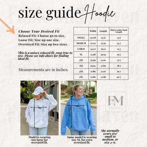 May include: Size guide for a unisex hoodie with measurements in inches for different sizes: Small, Medium, Large, XL, 2XL, 3XL, 4XL, 5XL. The guide shows width, length, and sleeve center back length. The image also shows two models wearing the hoodie in different sizes.
