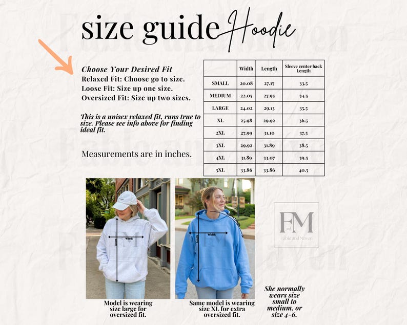 May include: Size guide for a unisex hoodie with measurements in inches for different sizes: Small, Medium, Large, XL, 2XL, 3XL, 4XL, 5XL. The guide shows width, length, and sleeve center back length. The image also shows two models wearing the hoodie in different sizes.