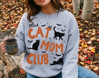 Black Cat Mom Club Sweatshirt, Halloween Cats, Spooky Fall Graphic, Orange and Black Cat Lover Design