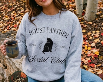 Black Cat Crewneck Sweatshirt: House Panther Social Club Design for Cat Lovers
