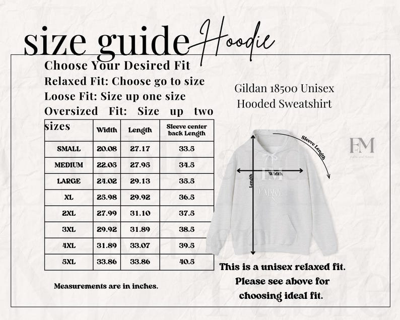 Puede incluir: Tabla de tallas para una sudadera con capucha unisex Gildan 18500. La tabla muestra las medidas en pulgadas para el ancho, la longitud y la longitud del centro de la manga hasta la espalda para las tallas S a 5XL. La tabla tambi&eacute;n incluye un diagrama de la sudadera que muestra d&oacute;nde se toman las medidas.