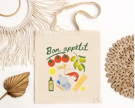 French Market fisherman aesthetic sardines tote bag seafood pasta tinned fish coastal travel European vacation cotton canvas reusable bag