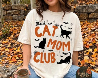 Black Cat Mom Club Shirt, Halloween Cats, Spooky Fall Graphic, Orange and Black Cat Lover Design