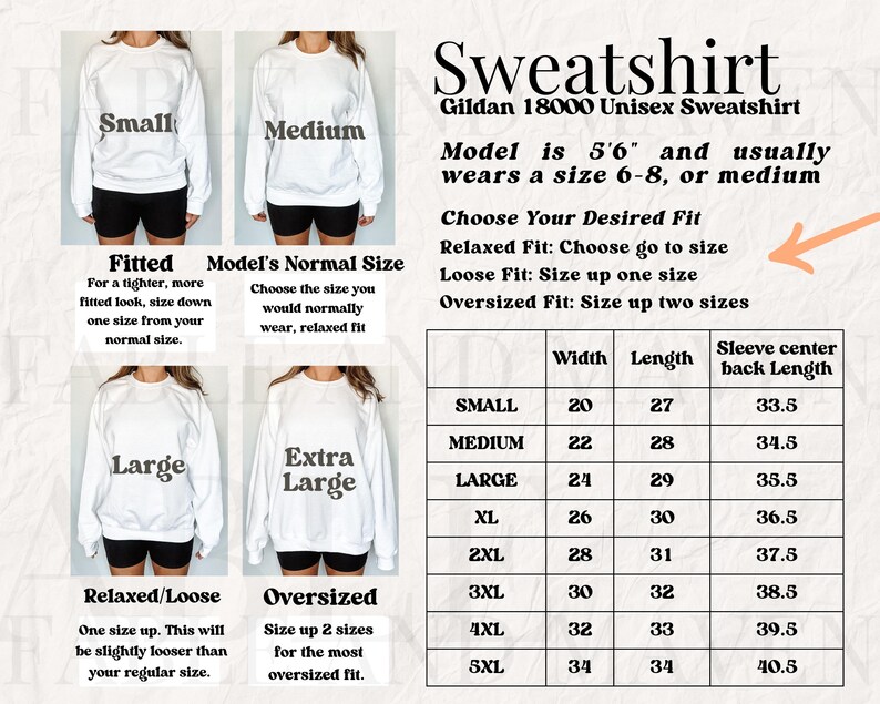 Pode incluir: Uma tabela de tamanhos para uma camisola unissexo Gildan 18000. A tabela mostra a largura, o comprimento e o comprimento do centro da manga a partir das costas para os tamanhos S a 5XL. O modelo tem 1,68 m de altura e normalmente usa um tamanho 6-8, ou um tamanho m&eacute;dio. A tabela tamb&eacute;m inclui informa&ccedil;&otilde;es sobre como escolher o ajuste desejado, incluindo relaxado, solto e de grande porte.