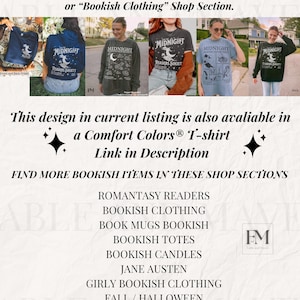 May include: Five different designs of long-sleeved and short-sleeved shirts featuring a black and white graphic of a crescent moon, a book, and the text "Midnight Readers Society". The shirts are available in black, gray, and blue.  This design is also available on a Comfort Colors&reg; T-shirt. Find more bookish items in these shop sections: Romantasy Readers, Bookish Clothing, Book Mugs Bookish, Bookish Totes, Bookish Candles, Jane Austen, Girly Bookish Clothing, Fall/Halloween. New items weekly!