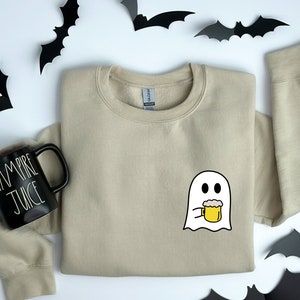 Cute Ghost Drinking Beer Sweatshirt, Halloween Party Shirt, Spooky Sweatshirt, Gildan Crewneck Sweater, Fall Beer Lover, Fall Graphic Shirt
