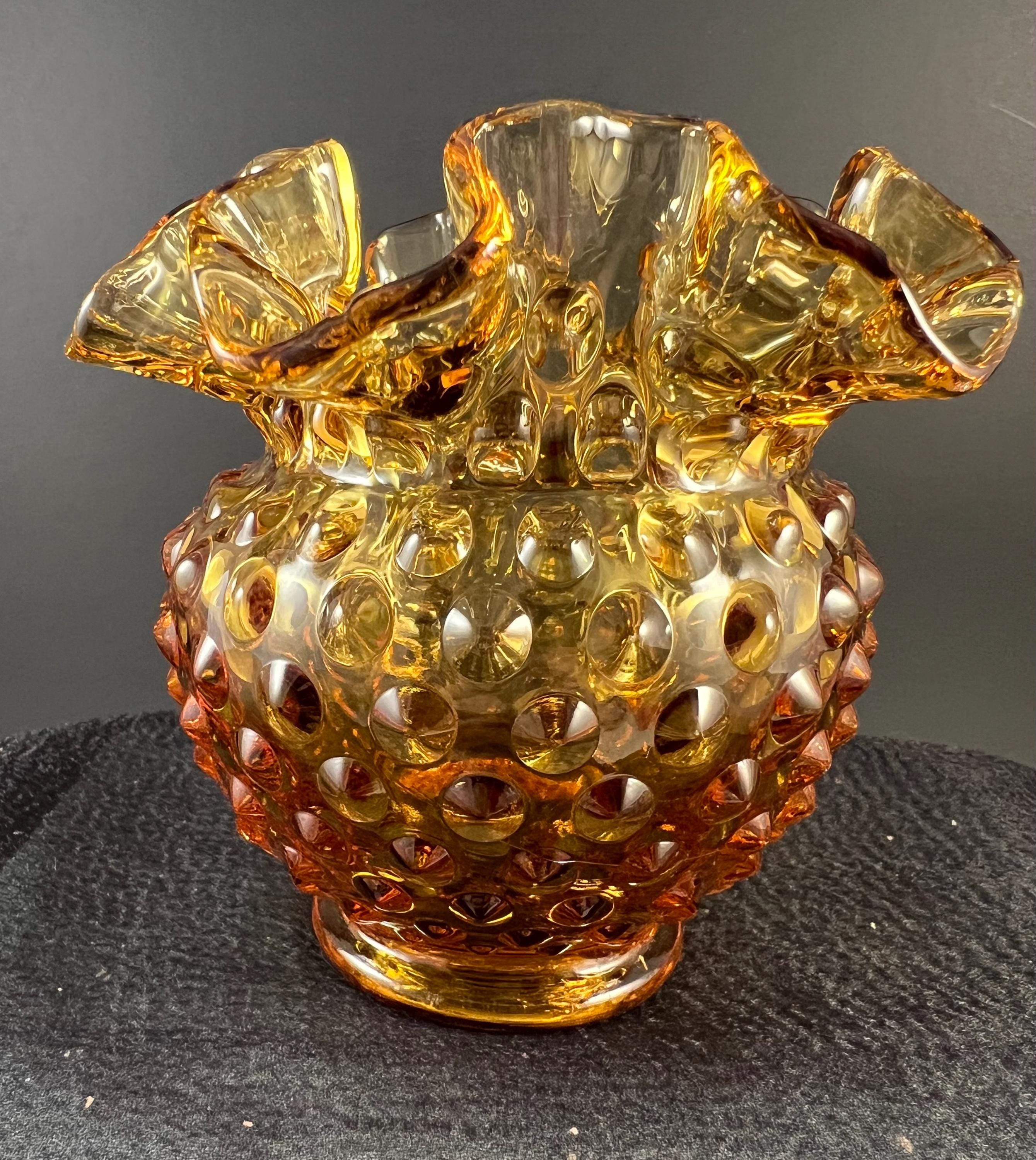 Vintage Fenton Hobnail Amber Vase/ Bowl With Ruffled / Crimped Edges  4.25" Tall