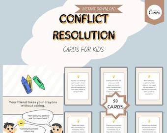 Plantilla editable de tarjetas de habilidades de resolución de conflictos para niños, resolución de conflictos estratégica para niños, psicoeducación imprimible