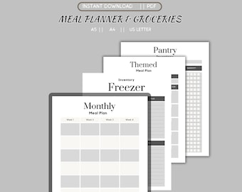 May include: Printable meal planner and grocery list template in black and white. The template includes sections for a monthly meal plan, themed meal plan, pantry inventory, and freezer inventory.