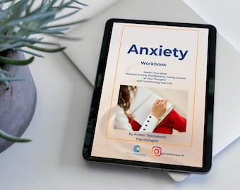 May include: A digital tablet displaying a cover for an anxiety workbook titled "Anxiety Workbook: Master Your Mind: Practical Anxiety Workbook for Taking Control of Your Thoughts and Transforming Your Life" by Kristin Thorisdottir, Psychologist. The cover features a woman writing in a notebook and has a peach background with blue and yellow accents.