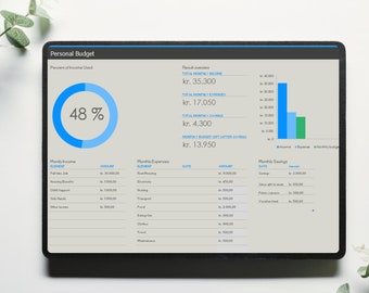 May include: A screenshot of a personal budget app on a tablet. The app shows a pie chart with 48% of income used, a bar graph showing income, expenses, and monthly budget, and a table listing monthly income and expenses. The total monthly income is kr. 35,300, total monthly expenses are kr. 17,050, and total monthly savings are kr. 4,300.