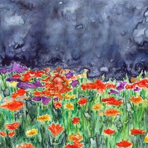 Watercolor landscape, instant download, printable art, flower field, storm, landscape, abstract landscape, landscape print, watercolor