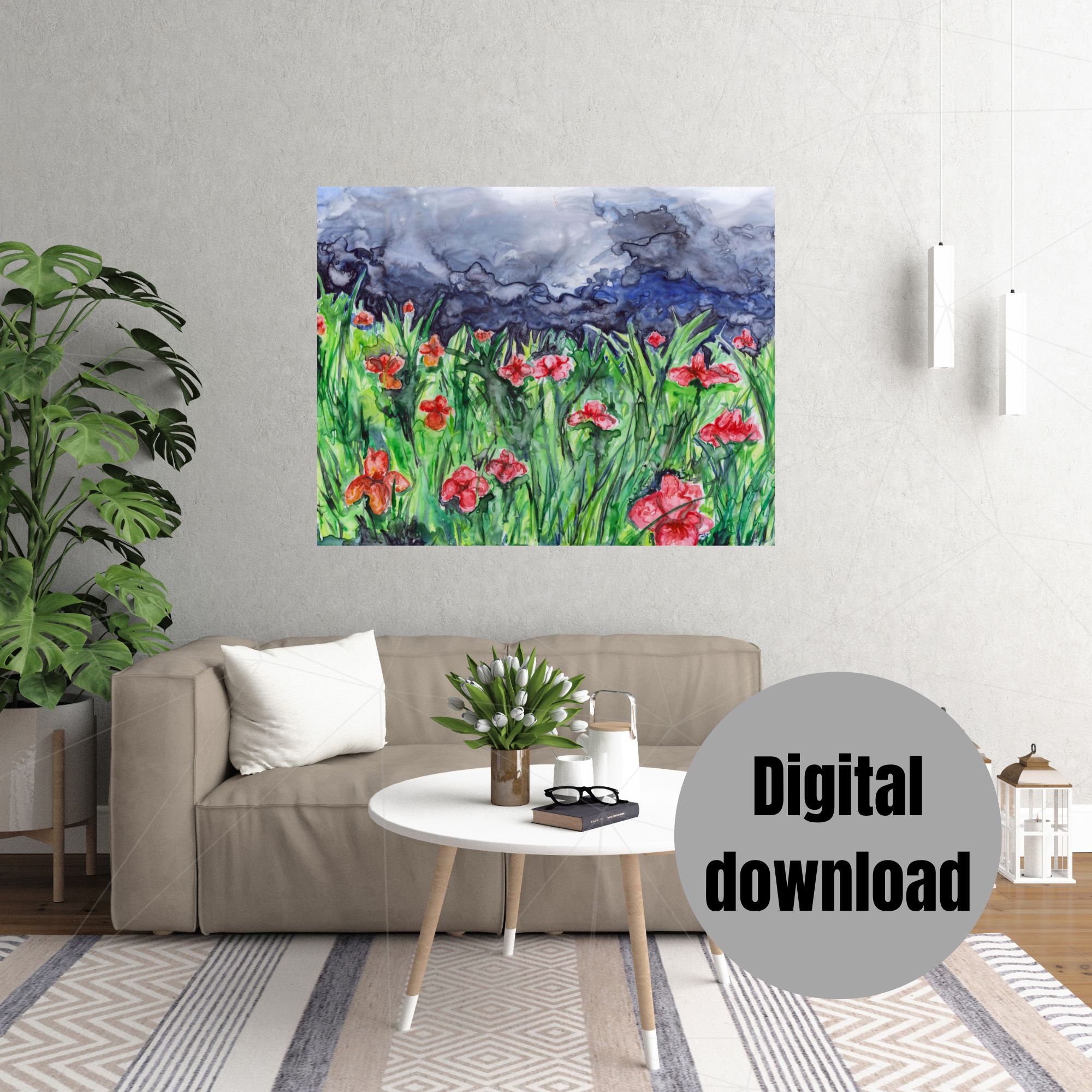 Watercolor Landscape, Instant Download, Printable Art, Flower Field ...