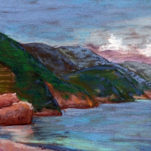 seascape, ocean, coastline, chalk pastel, cool colors