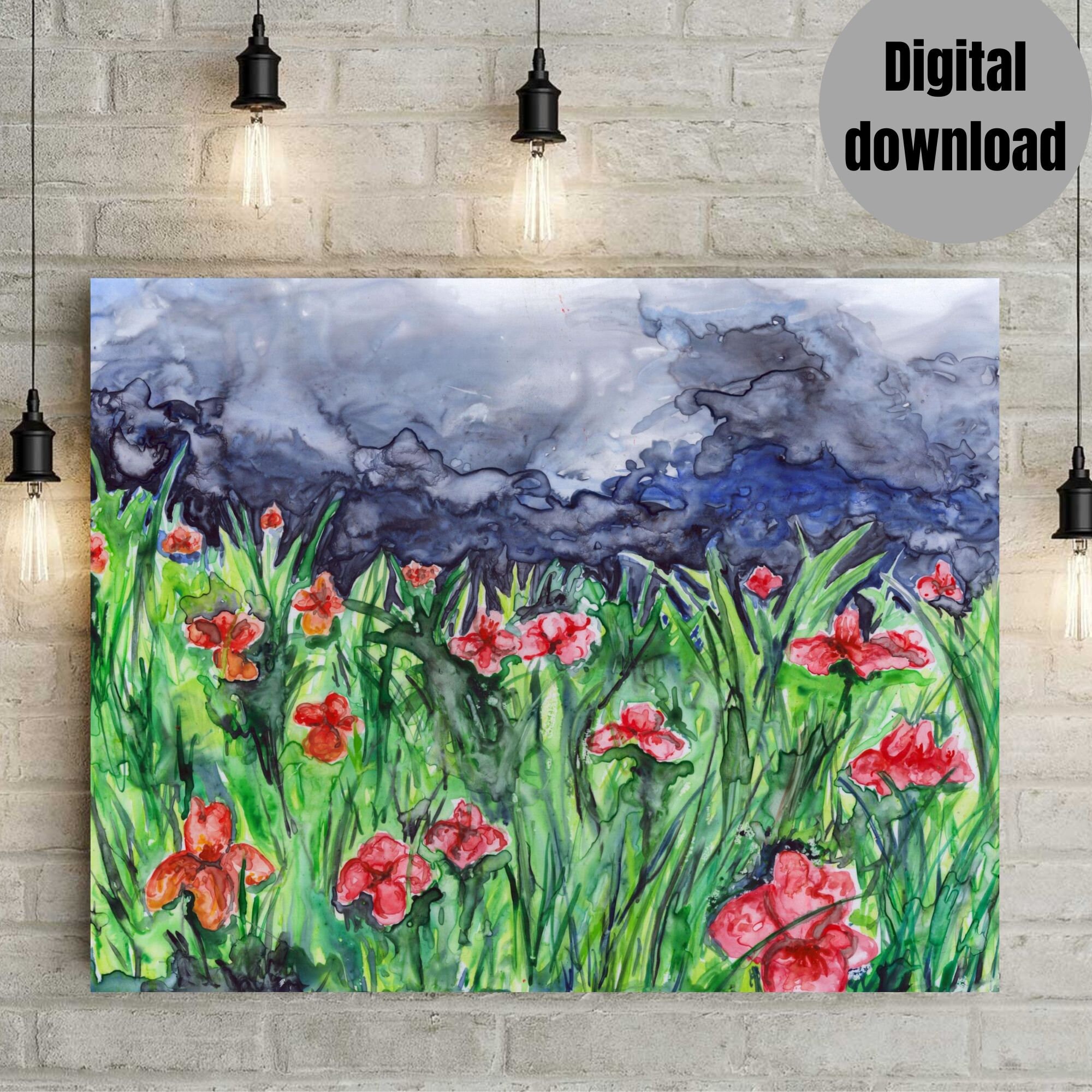 Watercolor Landscape, Instant Download, Printable Art, Flower Field ...