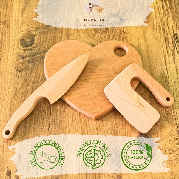 Montessori Toddler Knife, Chopper, Cutting Board Set | Educational Toys for Kids | Personalized Gift For Toddler - Wooden safe knife for kid